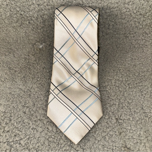 Structure Men's Tie Silver Gray 100% Silk Windowpane Plaid 58" - Picture 6 of 9